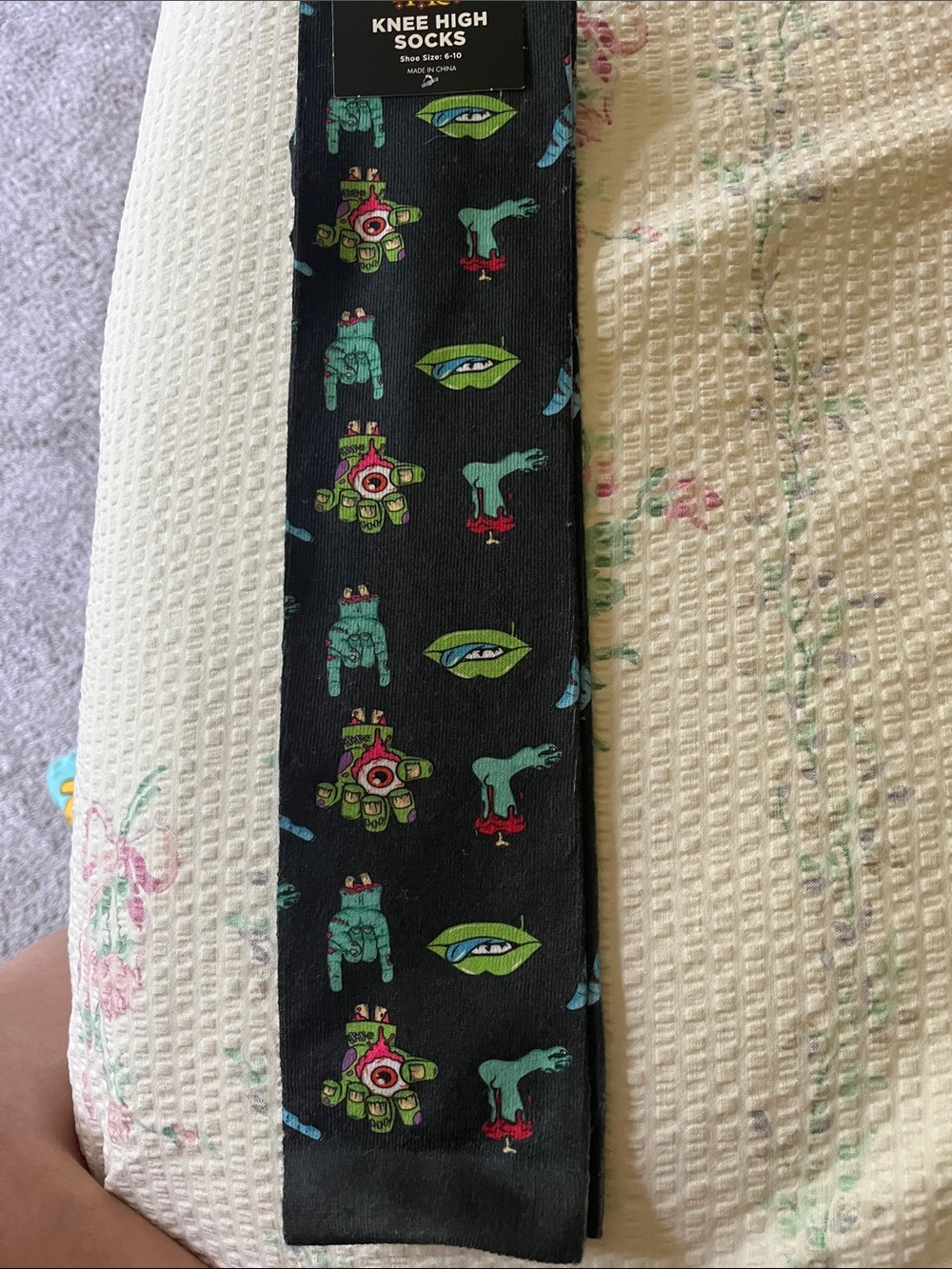 Spirit Black Knee-High Socks with Neon Green & Teal Monster Motif